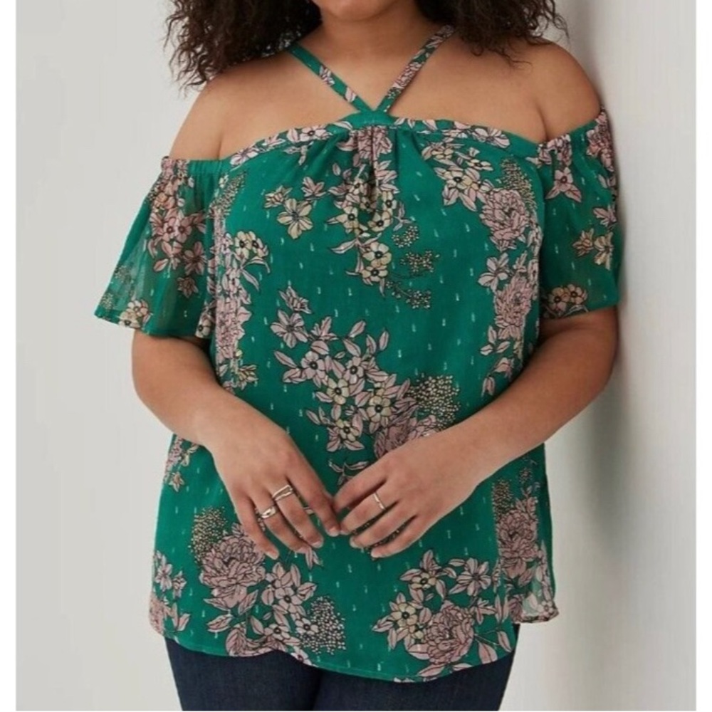 Torrid Plus Size 2 Cold Shoulder Crinkle Chiffon Sheer Lined Green Floral - Picture 1 of 13